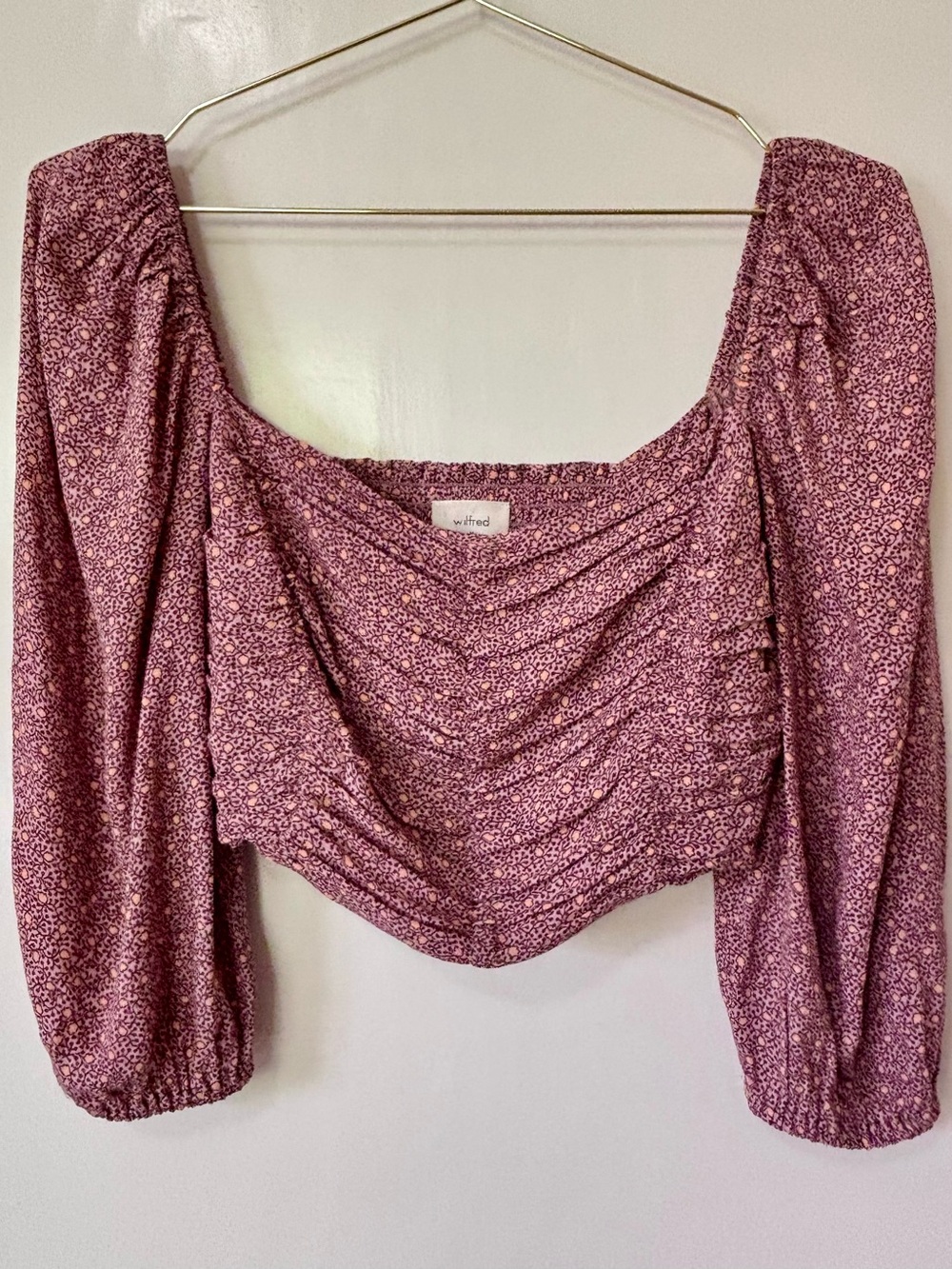 Wilfred| Aritzia| Mauve ‘Lolita’ Floral Ruched Square-Neck Cropped Blouse Sz M